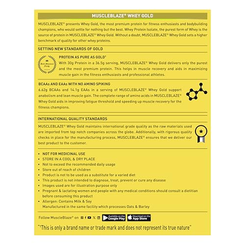 Image of MuscleBlaze Whey Gold, 100% Whey Protein Isolate, Labdoor USA Certified, 30g Whey Protein Per Scoop (Rich Milk Chocolate, 2kg / 4.4lb)