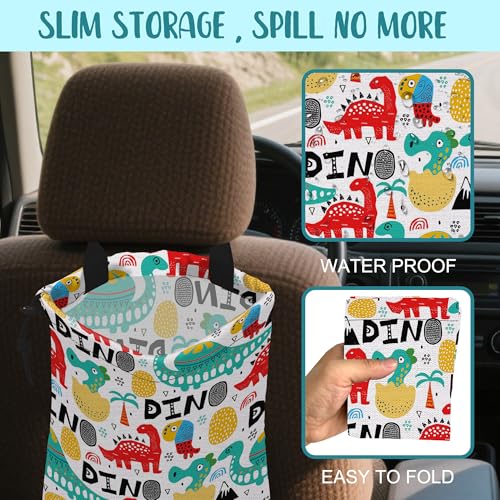 Image of Car Trash Bag Dinosaur with Abstrct Palms and Eggs Leak-Proof Waterproof Car Garbage Bag with Drawstring Foldable Canvas Trash Bin with Adjustable Buckle for Car Accessories, Travelling, Camping