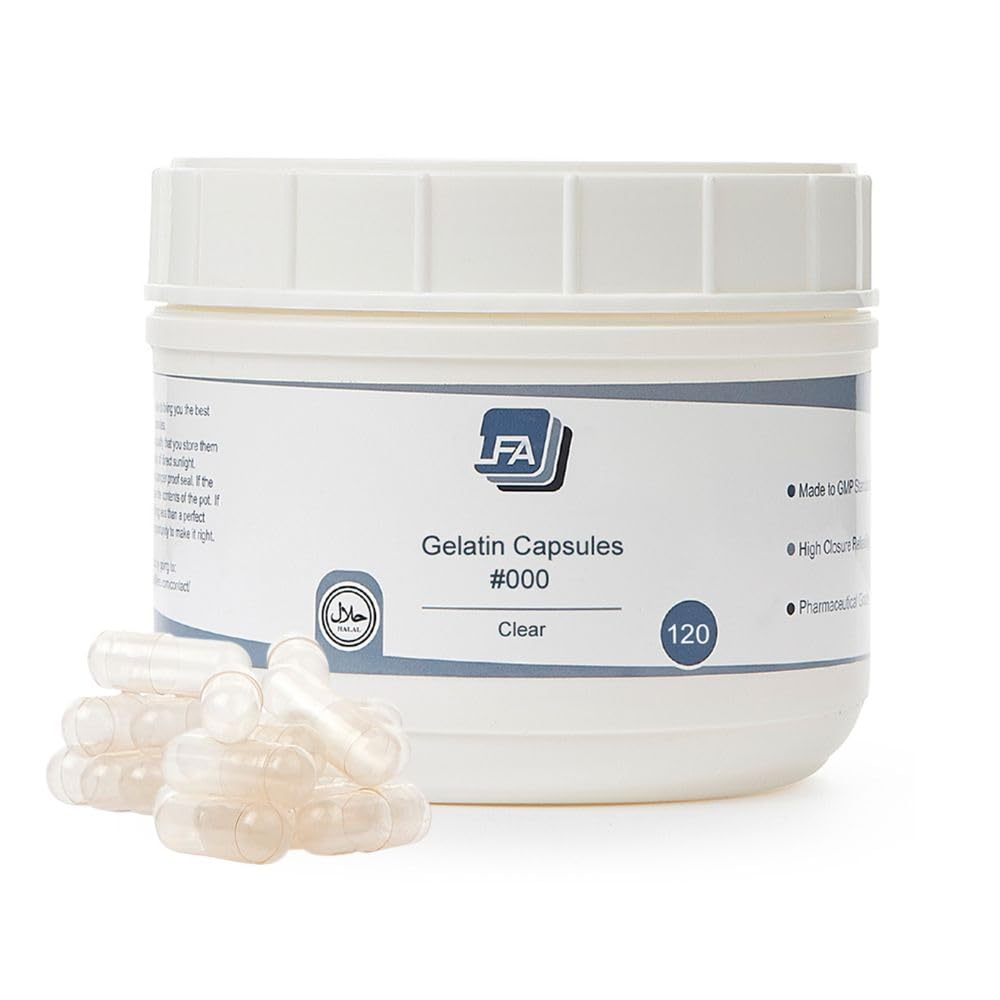 Capsules Size 000 - Clear Gelatin - 120 Count Jar - Pill Capsules Empty Fits Capsule Machine Filling Tray - Joined Beef Gel Caps Easy Snap for DIY Powder Supplement Pills - Certified Halal