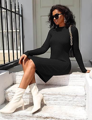 Image of Rocorose Women's Turtleneck Sweater Dress Long Sleeve Elasticity Ribbed Mini Bodycon Dresses