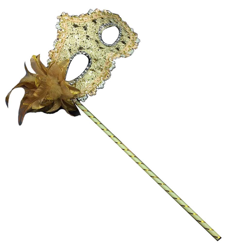 Women's Masquerade Masks Side Feather Flower Petal Hand Held Lace Mask with Stick,(Yellow) — image 1