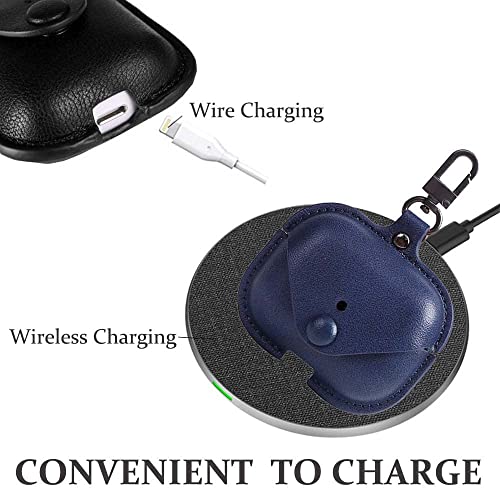 Image of Genuine Leather Case Compatible with AirPods Pro 3rd Gen (2025), VOMA Protective Cover for Apple AirPods Pro 3 Wireless Charging Case with Keychain and Snap Lock Navy Blue
