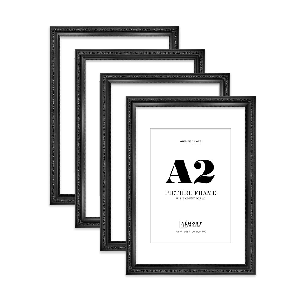 Black Ornate Picture Frame A2 With A3 Mount for Photos - Wall Display, Landscape or Portrait, 4 Pack