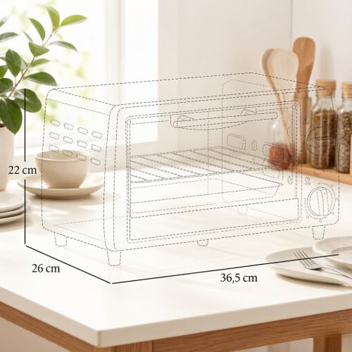 Mini Backofen 10 L ohne Umluft, kleiner Ofen für 2, 100-230°C, Timer | Mit Glasfenster & 2 Ebenen, herausnehmbare Krümelschublade, spülmaschinenfeste Teile, extra kompakt für kleine Küchen