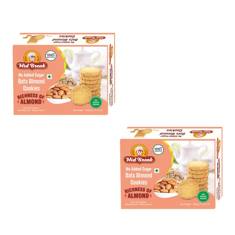 Image of Midbreak No Added Sugar Oats & Almond Cookies - 300gm (Pack Of 2) | Healthy Digestive Diabetic-Friendly Biscuits | Handmade & Delicious Tea Time Snack Biscuit