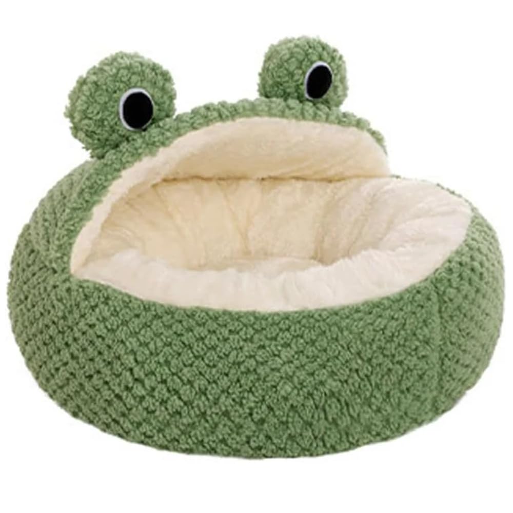 Pet Cat Dog Nest Plush Round Cartoon Frog Mat Winter Warm Deep Sleep Bag Comfort Soft Puppy Dog Bed 2 in 1 Warm Cat Basket (Small)