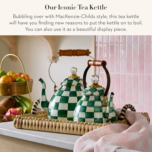 Image of MACKENZIE-CHILDS Tea Kettle, 3 Quarts, Green-and-White Emerald Check