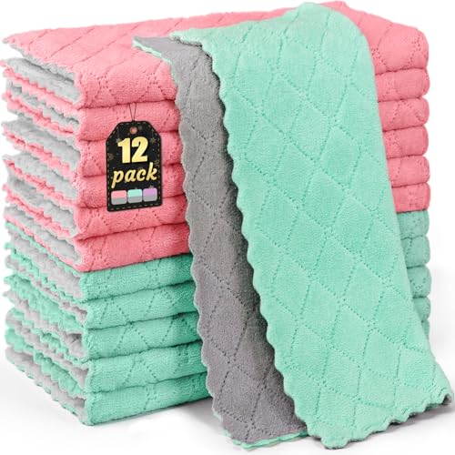BUEDM 12 Pack Kitchen Cloth Dish Towels, 12x12 inch Soft Premium Dishcloths, Absorbent Microfiber Cleaning Cloth for Cleaning Dishes, Kitchen, Bathroom, Car
