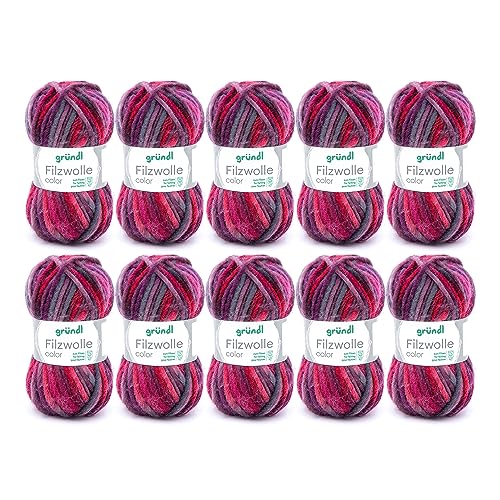 Gründl Wolle Filzwolle color - Dicke Wolle zum Filzen in der Waschmaschine - Strickgarn zum Filzen - Weich und hautfreundlich - 100% Schurwolle - 10 Knäuel 50 g /50 m -Nadelstärke 8-9 - lila-bordeaux