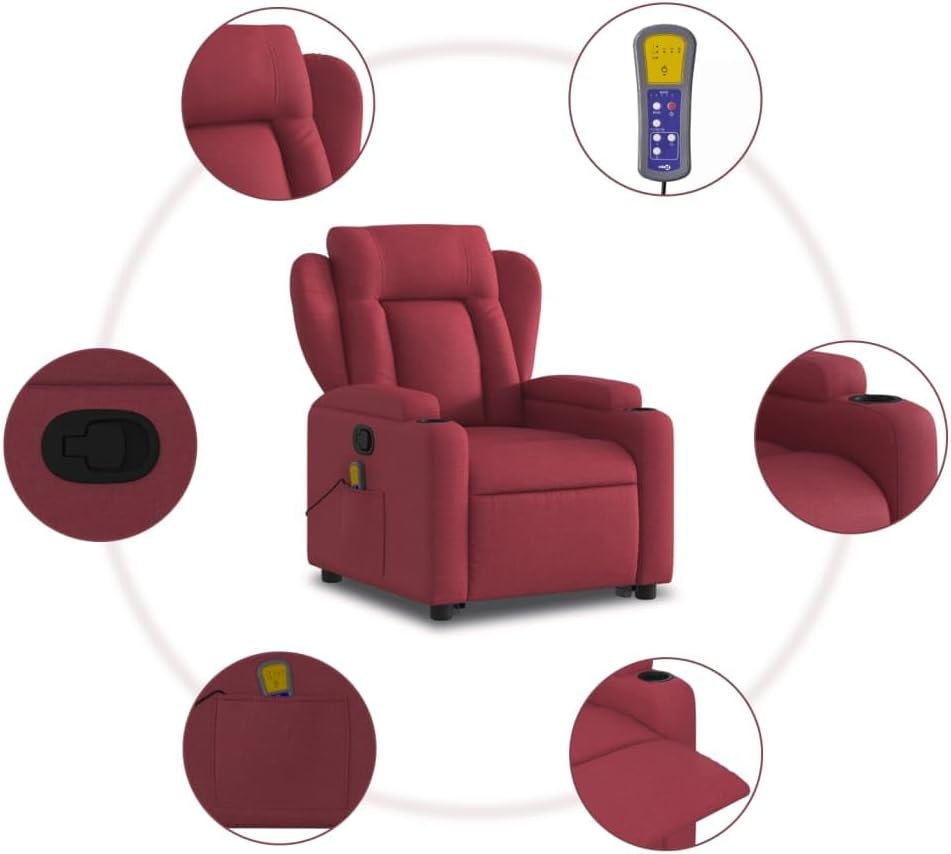 Diagram showing chair features like remote, cup holders, and pocket