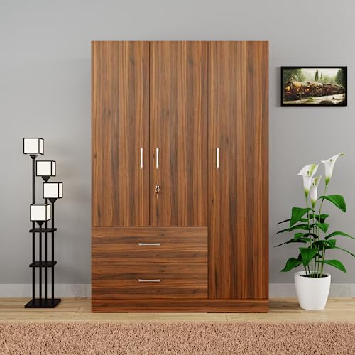 Image of VIKI Wardrobe | Wooden Almirah for Clothes,Door for Bedroom, 3 Door Wardrobe with Drawer & Hanging Space (Brussel Walnut - 40D x 120W x 180H) | 1 Year Warranty | Free Assembly