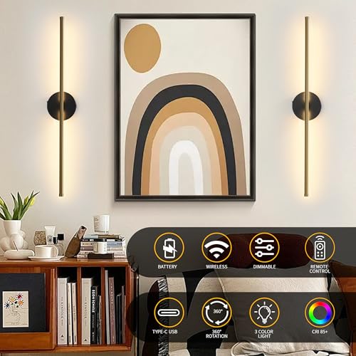Image of Battery Operated Wall Sconces with Remote Control, Dimmable Wall Sconces Set of Two, 350Rotate, 3000K LED Matte Black and Brass Gold Wireless Wall Light for Living Room, Bedroom, Hallway, 28.3 Inch