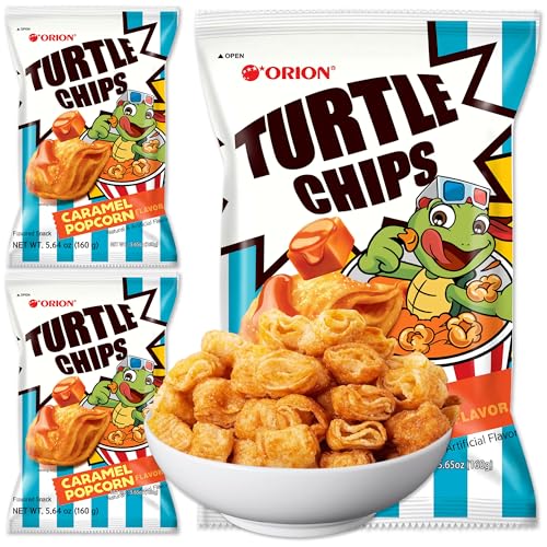 K-Munchies Orion Turtle Chips – Large 3 x 160-gram Caramel Popcorn Flavor Korean Chips, Big Bag, Party Size Savory, Tasty, Crispy Korean Corn Snacks, Bite-Sized, On-The-Go Korean Corn Snack for Family