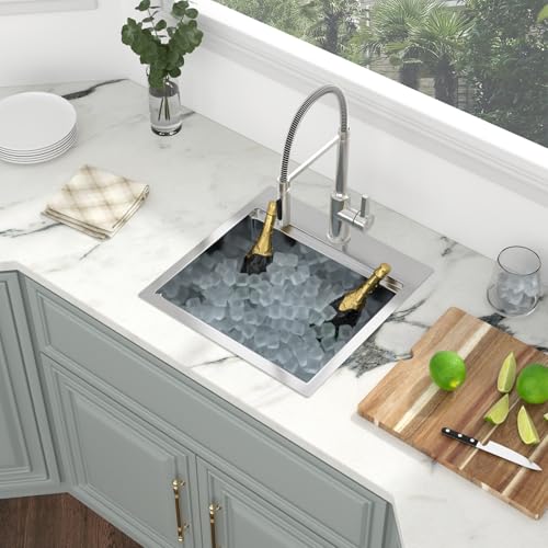 Image of Kichae Drop In Bar Sink- 18 x 18 x 9 Inch Small Overmount Topmount Stainless Steel RV Sink Single Bowl Workstation Wet Bar Prep Kitchen Sinks Patio Handmade Basin with Cutting Board & Rack