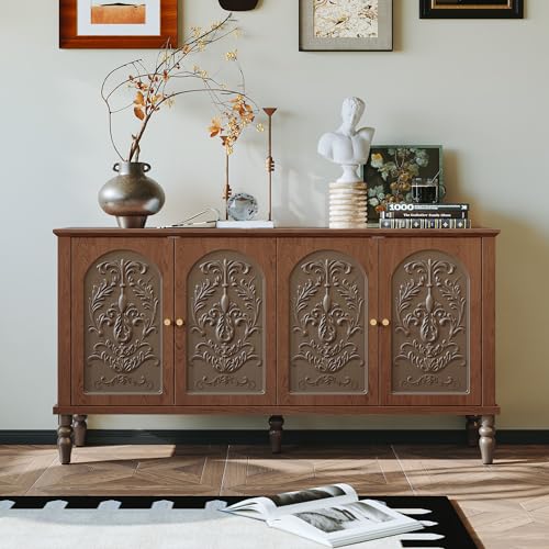 3More 4 Door Sideboard Buffet Cabinet 60 Accent Storage Cabinet with 3-Level Adjustable Shelves Vintage Carved Decorative Cabinet for Home Kitchen Dining Room Brown