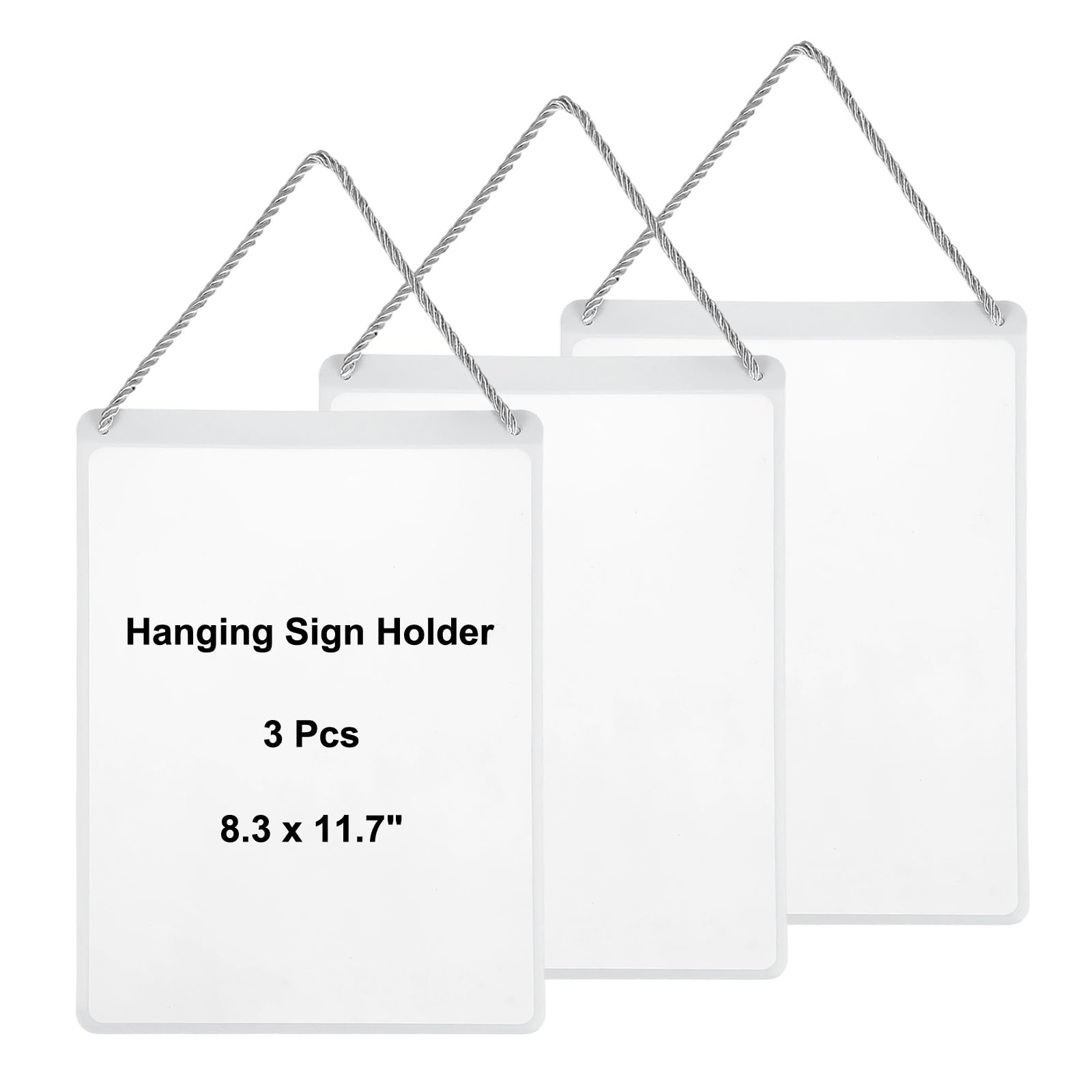 PATIKIL 3 Pcs Hanging Sign Holder, A4 Vertical 8.3 x 11.7 Inch Advertising Plastic Signage Display Clear Holder Frame for Retail, Supermarket, Cloth Store, Office Posting, White