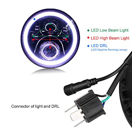 MOSTOP 7" RGB Harley Davidson Motorcycle Headlight LED Daymaker RGB Halo Angle Eye Vehicle Light H4 Plug App Bluetooth Multicolor Control, Fit Road King, Street Glide, Fatboy, Soft Tail