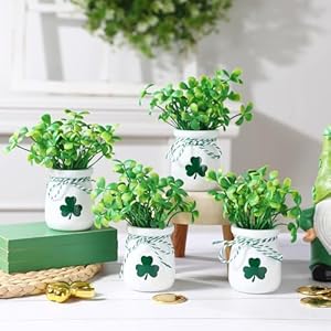 St Patricks Day Decorations 4pcs StPatricks Day Mini Jars with Artificial Shamrock Mini Vases for St Patricks Day Home Kitchen Table Fireplace Mantel Decor
