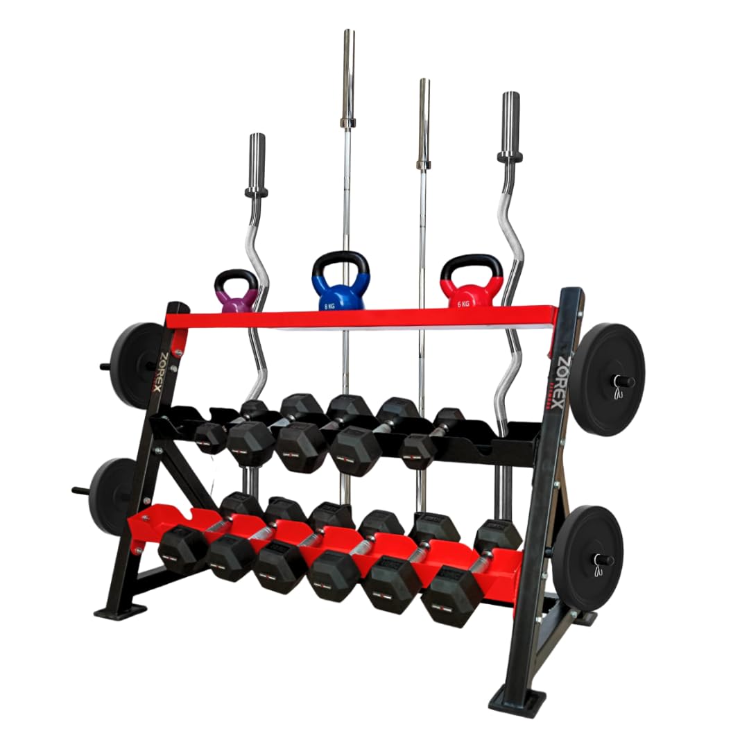 Zorex Fitness ZF-115A dumble stand for home 3 in 1 (3-Tier Multifunctional Storage Rack), Weight Plates, kettle bells, Barbells Rods & Olympics Rods. dumbbell stand for home dumbbell rack for home gym weight rack for home gym