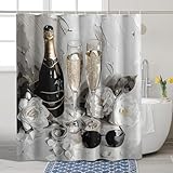 Luxuriöser Duschvorhang, eleganter Champagnerflaschen- & Gläser-Druck, Duschvorhang für Badezimmer, Hochzeitsfeier, modern, schick, wasserdicht, Stoff-Duschvorhang-Set mit Haken, 157 x 183 cm