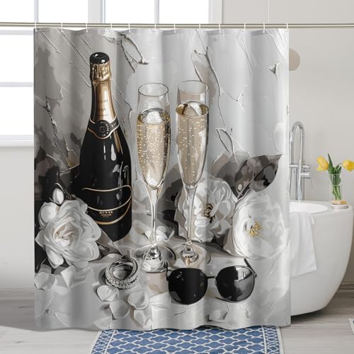 Luxuriöser Duschvorhang, eleganter Champagnerflaschen- & Gläser-Druck, Duschvorhang für Badezimmer, Hochzeitsfeier, modern, schick, wasserdicht, Stoff-Duschvorhang-Set mit Haken, 157 x 183 cm