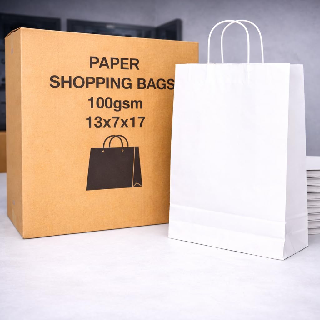 VPACK Kraft Paper Bags Shopping Bags, Gift Bags, Retail Bags, Recycled Bulk, Brown Paper Bags with Handles Bulk (White, 13x7x17 250pcs)
