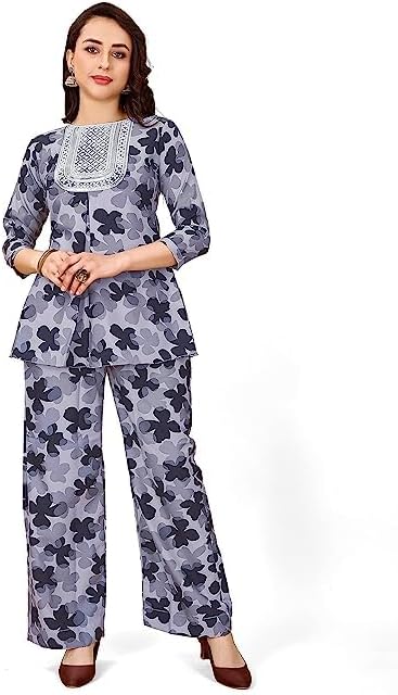 Clothing JunctionWomen's Print Co-Ord Set Relaxed Fit for Women | Two Piece Suit Peplum Top & Plazzo |3/4 Sleeve Cord Dress for Ladies|Casual Wear Fashionable for Party