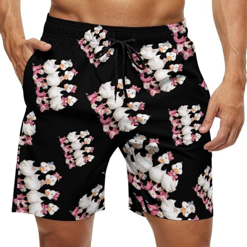 Cute Bow Duck Floral Mens Swim Trunks Quick Dry Board Shorts Beach Swimwear Bathing Suits