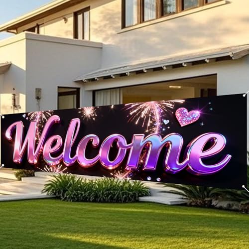 Image of Nuxovilar Welcome Home Banner Pink Purple Holographic 17.7x78.7 Polyester