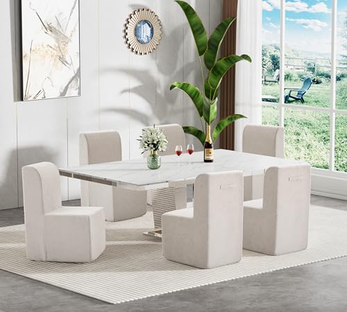 Image of 7-Piece Extendable Dining Table Set for 6, Modern 63 inch-94 inch White Marble Expandable Kitchen Table Set with 6 Sofa Chairs,Large Extendable Dining Room Tables with Mirrored Columnar Base