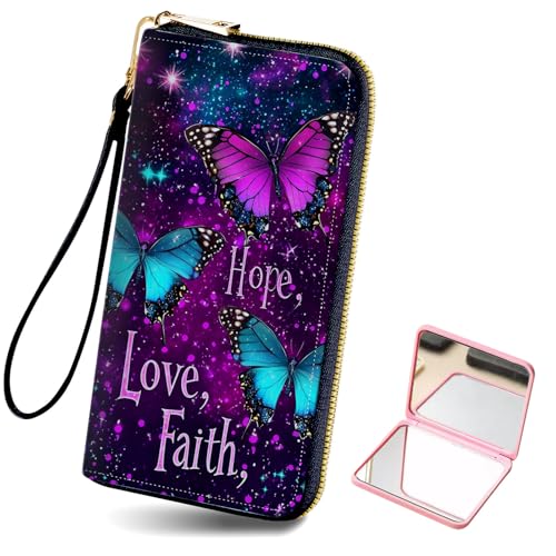 Women's Card Holder Wristlet Wallet, Convenient Travel Long Wallet with Strap and Pink Compact Mirror, Fashion and Sturdy Wristlet Long Purse for Women, Purpul Butterflies
