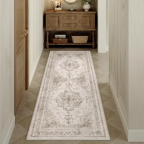 HUGEAR Vintage Beige Waschbarer Teppich 60x180cm LäUfer Flur rutschfest Weich Vorzimmer Tepich Kurzflor Schlafzimmer Retroteppiche KüChe Bedroom Brücken Hallway Carpet Notleidende | Beige 60