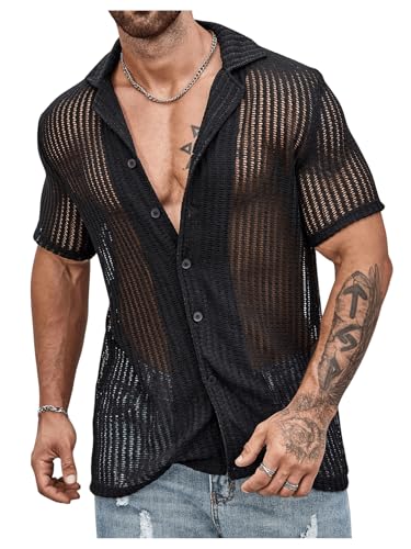OYOANGLE Men's Mesh Sheer Short Sleeve Button Down Shirts Beach Vacation Shirt Party Crochet Tops