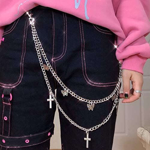 Zehory Layered Cross Body Chain Silver Butterfly Tassel Pants Chain Punk Hiphop Trousers Chains for Women and Girls