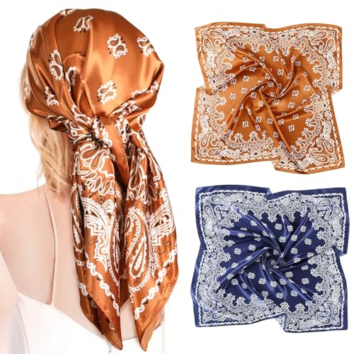 AWAYTR 35” Large Satin Square Head Scarf - 2Pcs Silk Like Floral Head Scarves Square Satin Hair Scarf Bandanas for Women