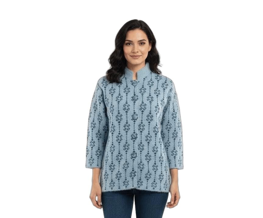 VAX VAX Women Premium Hair Yarn Full Sleeve Winter Cardigan | Elegant Mandarin Collar Geometric Print Sweater Vest | Warm Ethnic Fusion Winter Wear-image-3