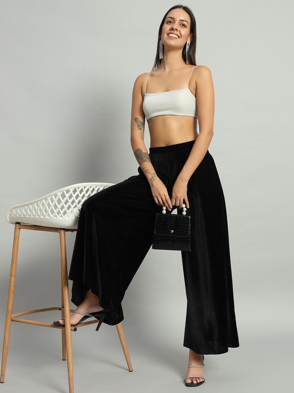 Image of Vaararo Party Trousers for Women | Shiny Velvet Fabric Wide Bottoms Stylish Palazzo Pants