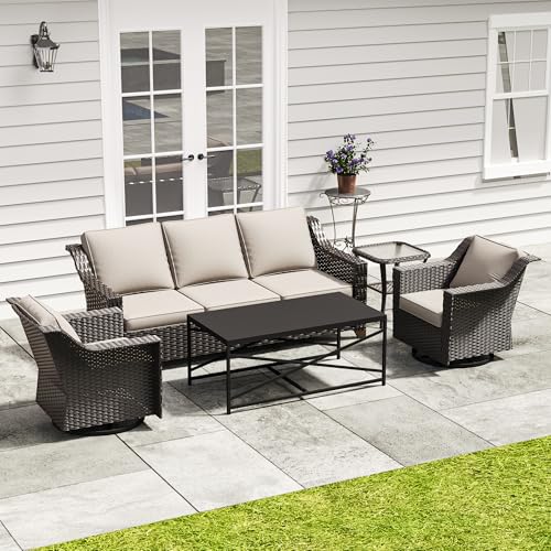 Image of 5 Piece Patio Furniture Set, Wicker Outdoor Conversation Set | Patio Chair Set with Olefin Removable Cushion, All-Weather Outdoor Couch with Deep Seat for Porch, Deck and Backyard, Beige