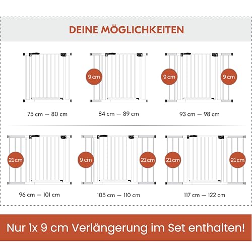 hauck Open N Stop 2 + 9 cm Verlängerung, Weiß - Kinderschutzgitter Hundegitter, Verstellbare Breite 84-89 cm, 77 cm Hoch, Beidseitige Einhand Öffnung, ohne Bohren, für Innen