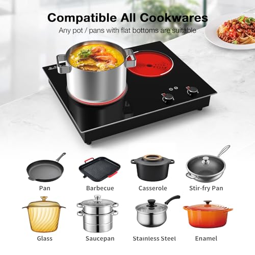 Image of GIHETKUT Electric Cooktop,1110V 2100W 2 Burner stove,Built-in & Countertop Stove Top with10 Heating Level, Timer & Kid Safety Lock, LED Knob Touch Control 2 Burner Electric Cooktop