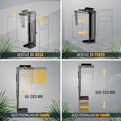 RICOO Soporte Torre PC Giratorio 360 Grados TRH-06 Montaje bajo Mesa Altura Ajustable Flexible Chasis PC Fijación Vertical al Escritorio Negro - imagen 3