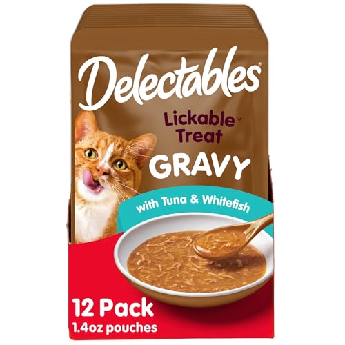 Delectables Lickable Treat Gravy Wet Cat Treat with Real Tuna & Whitefish Food Topper Hydrating Grain-Free No Fillers By-Products Added Preservatives 1.4oz Pouch 12ct