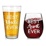 Uncle & Aunt Beer Glass and Stemless Wine Glass Set for Men Women Newlywed Couple Aunt Uncle, Perfect Present Set for Birthday Anniversary Wedding Engagement Valentine’s Day, 15 Oz