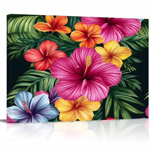 Tropical Hibiscus Flowers Canvas Print Wall Art - Red Pink Yellow Blue Floral Plant Leaves - Wall Decor Modern Artwork Paintings Pictures for Living Room Stretched and Framed Ready to Hang - 16" x 24"