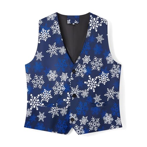Men's Christmas Suit 3 Piece Slim Fit Xmas Printed Blazer Jacket Pant Vest Formal Dress Party Prom Outfits (#1-Blue Snowflake, L)4