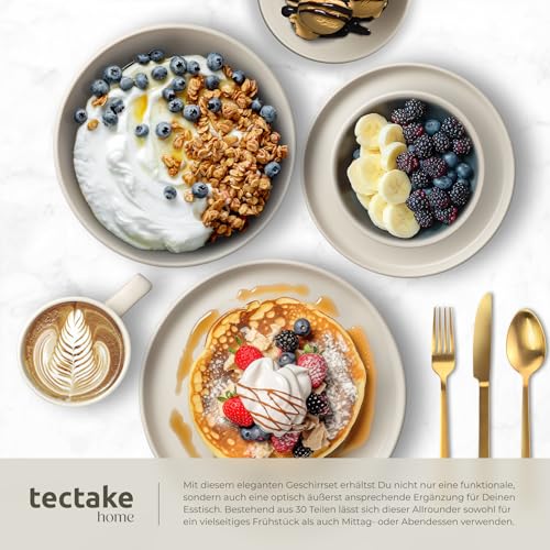 tectake® 30-tlg. Kombiservice, Geschirrset, Tafelservice 6 Personen, Steingut Geschirr Set, Teller Set mit Schalen, Kaffeetassen, Speiseteller, Frühstücksteller, tiefe Teller und Schüsseln - taupe