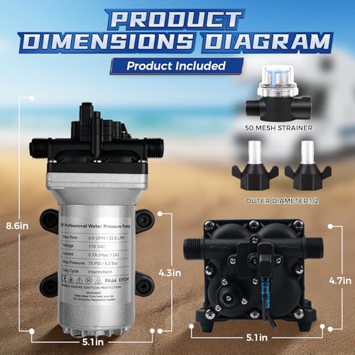 Image of [Upgraded Version] 110V AC Fresh Water Pump, 6GPM 75 PSI Self-Priming Diaphragm Water Pump with Power Plug, Pressure Switch, Brass Connector and Strainer, for Kitchen Bathroom Garden Hose