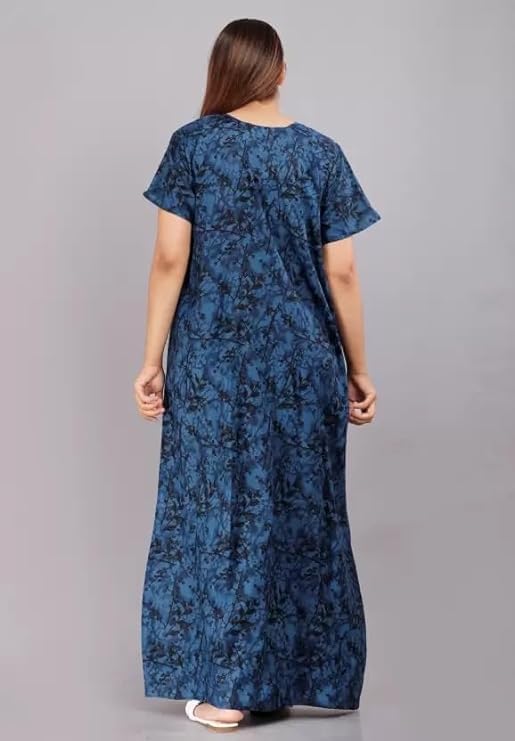 Image of NILOUFO Women's Cotton Printed Maxi Nighty - Pack of 2 | Soft Ankle-Length Sleepwear Gowns for Women | Free Size Night Dresses (Blue,BluePink, Free Size)