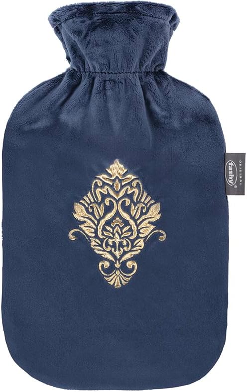 Hot Water Bottle with Cover 2 Litre Navy Blue with Gold Ornament