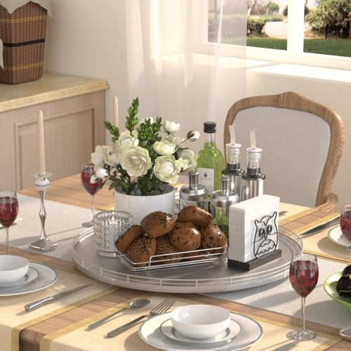 Image of Oroyutor 18-Inch Oak Lazy Susan Organizer with Silver Iron Rail | Oak wood base, silver iron rail and smooth 360-degree rotation for dining tables, kitchen counters and spice storage.